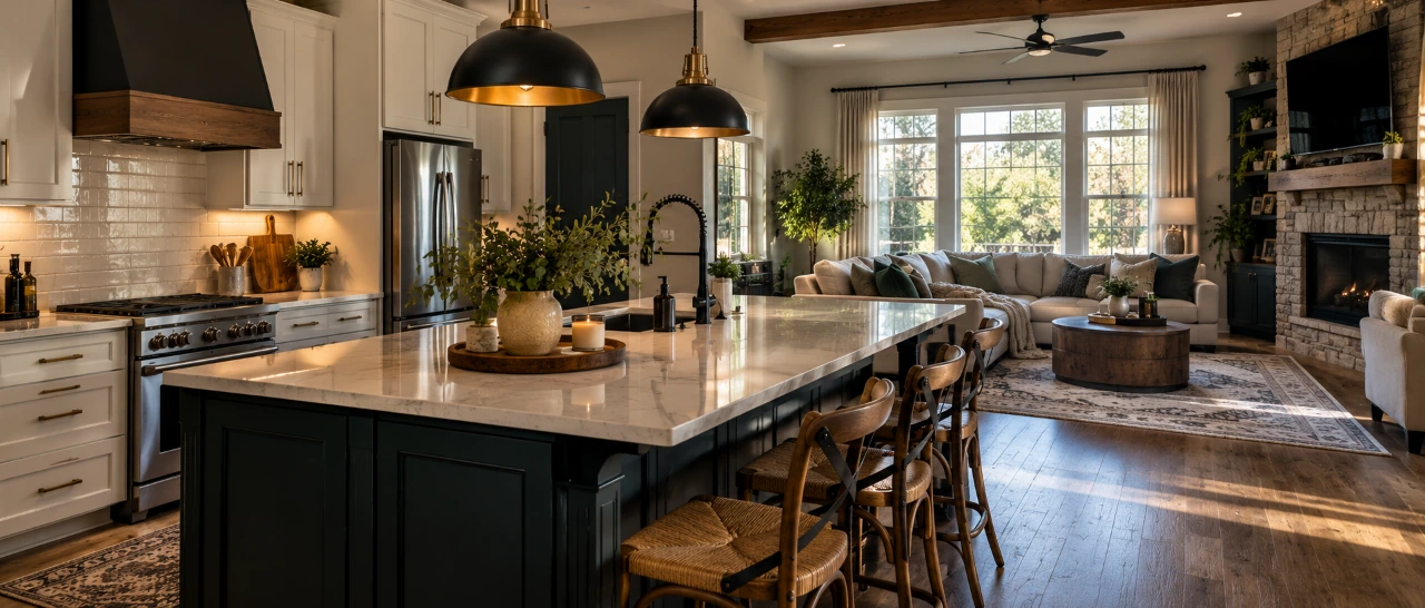 Bright open-plan kitchen and living room with a dark teal island, brass pendant lights, a marble-topped counter and warm afternoon sunlight through tall windows